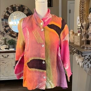 Art to Wear Women's Pink & Orange Linen Abstract Button-Front Jacket